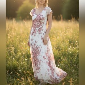 Vintage 80s Nostalgia Floral Babydoll Maxi Dress Whimsy Fairy Feminine Size M